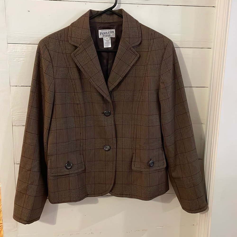 Vintage Pendleton 100% Virgin Wool Fully Lined Brown Plaid Suit Jacket, Size 8